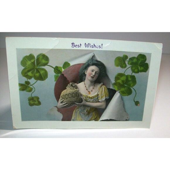 Saint Patrick's Day Postcard Women With Money Bag Original Unusual Gel Photo - Picture 2 of 5